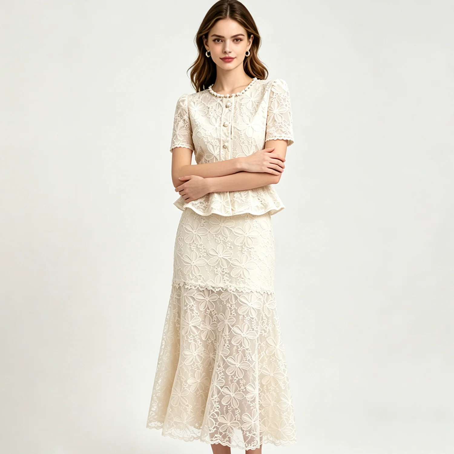 

PUAL Women floral lace two piece dress set, pearl neck short sleeve peplum top + mermaid long skirt, elegant formal party suit.