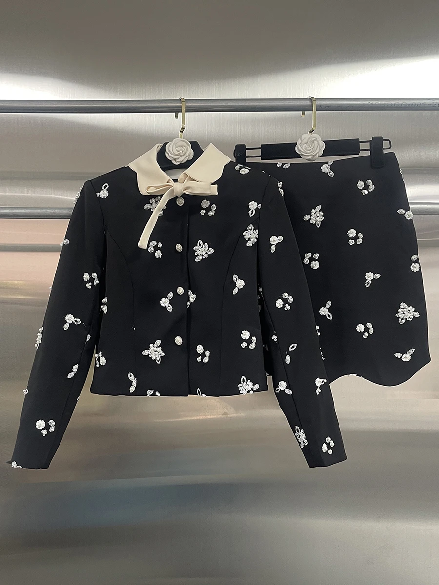 GALCAUR Solid Spliced Beading Two Piece Set Female Lapel Long Sleeve Jacket Korean Sweet Women's Skirt Sets Fashion Autumn New view 4