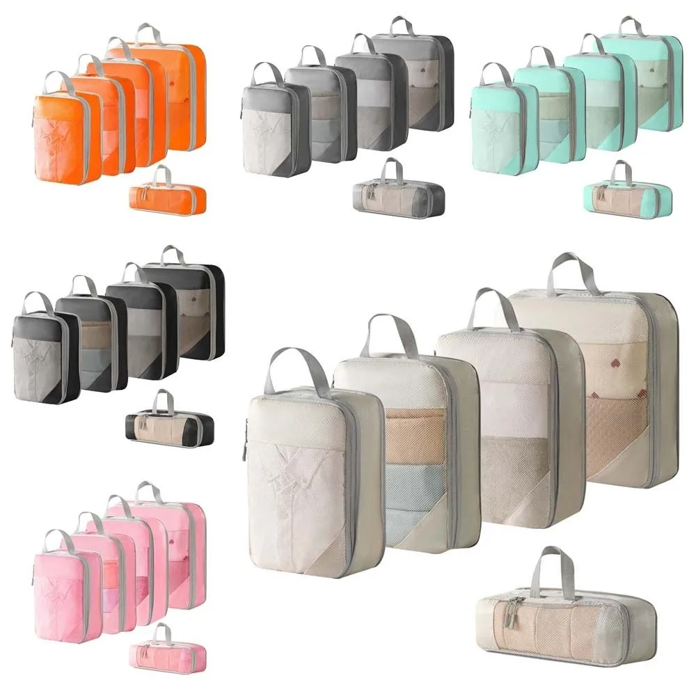 

5Pcs 5 in 1 Set Waterproof Travel Organizer Bag Compression Mesh Surface Luggage Organizer Packing Cubes Foldable with Handle