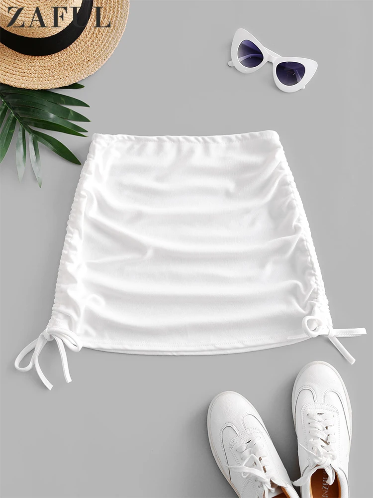 ZAFUL kobiety plaża krótki pareo kostium kąpielowy Wrap prążkowany Cinched Side Mini spódnica Sheer strój kąpielowy Bikini Cover Ups na stroje