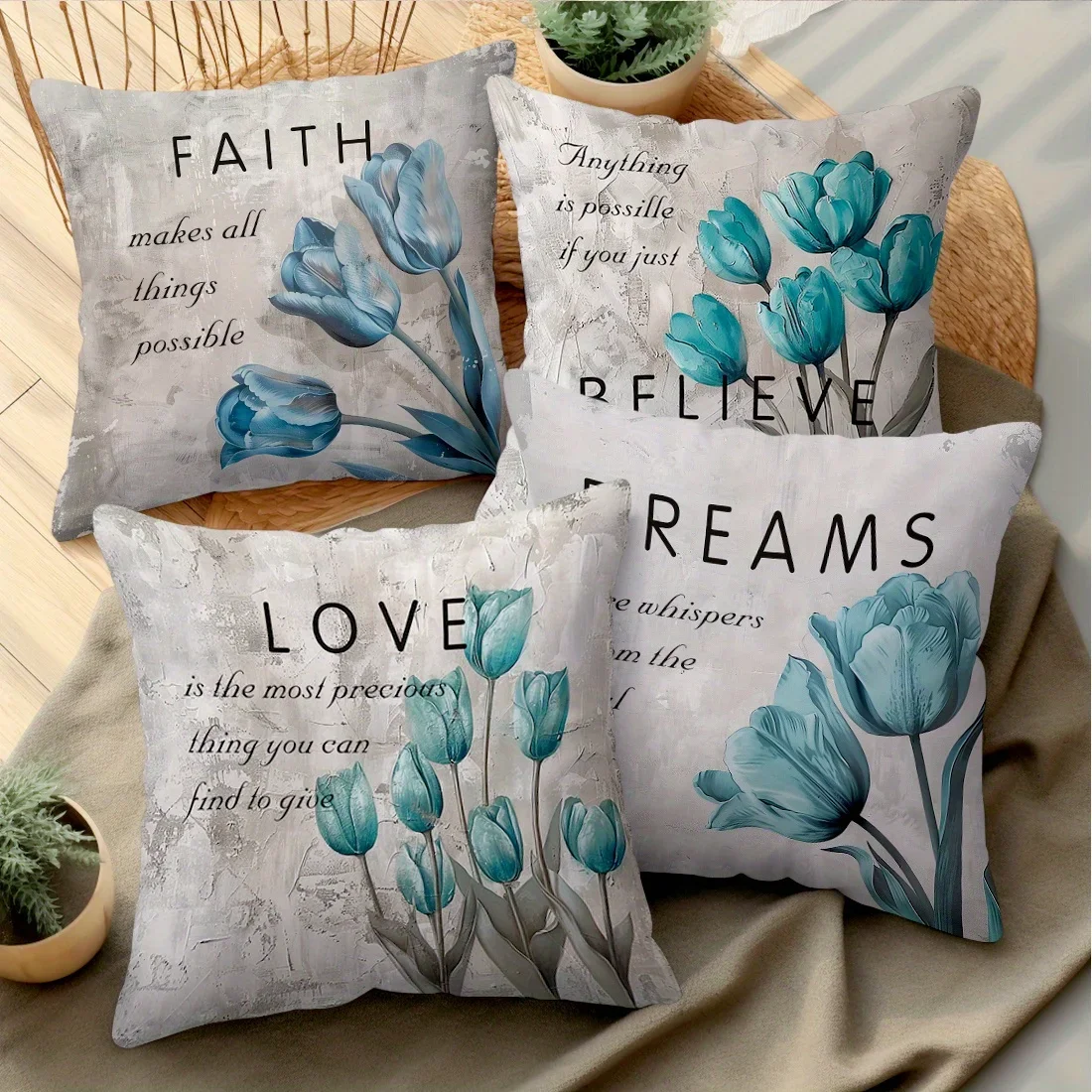 

Blue tulip decorative pillowcase, pillowcase ultra-soft polyester material living room sofa back car pillowcase decoration