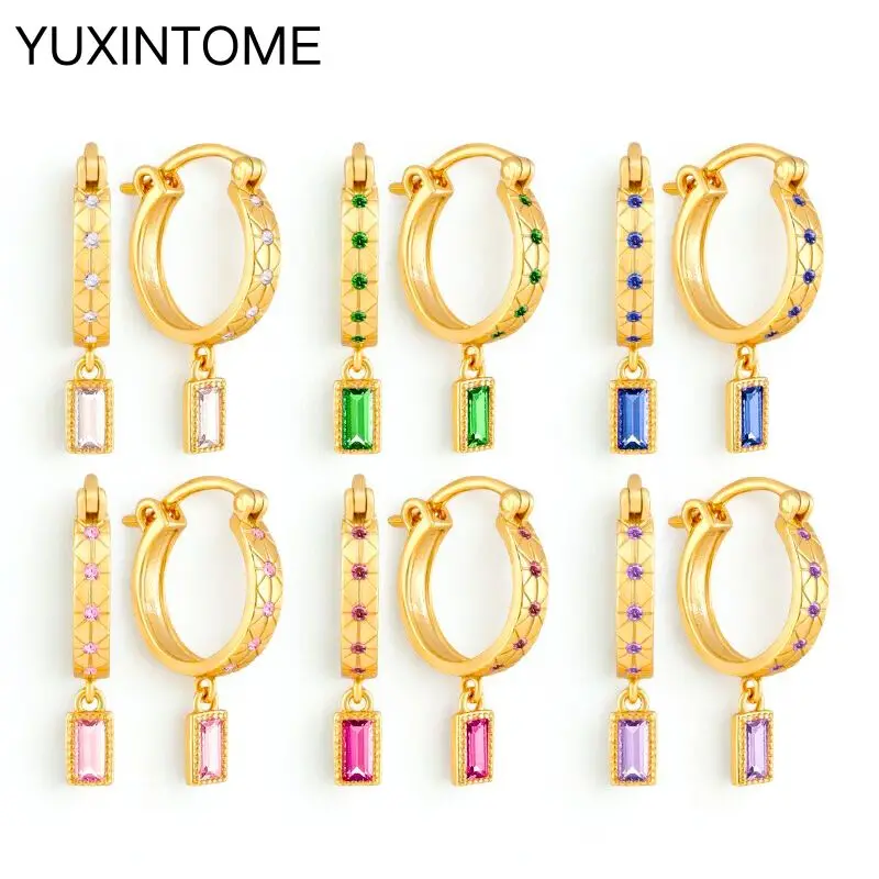 

Colorful Zirconia Hoop Earrings 925 Sterling Silver Needle Ins Exquisite Square Pendant Earrings Women's Brincos Luxury Jewelry