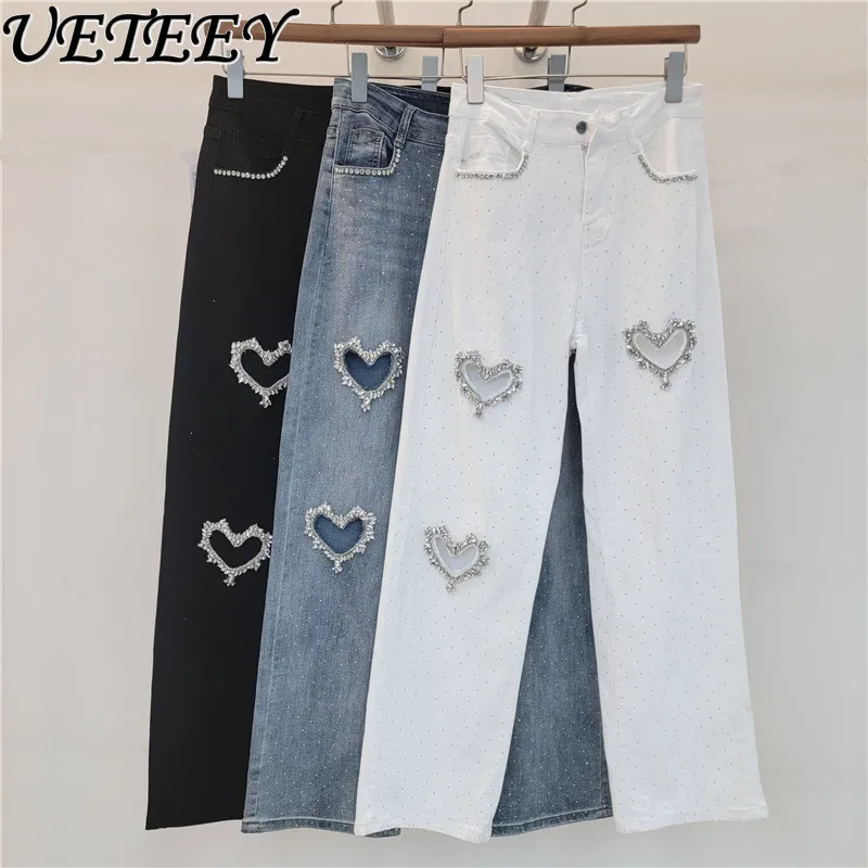 

Уличные прямые джинсовые брюки с вырезами, женские весенние 2026, новые джинсы с высокой талией, эластичные облегающие длинные брюки со стразами для похудения