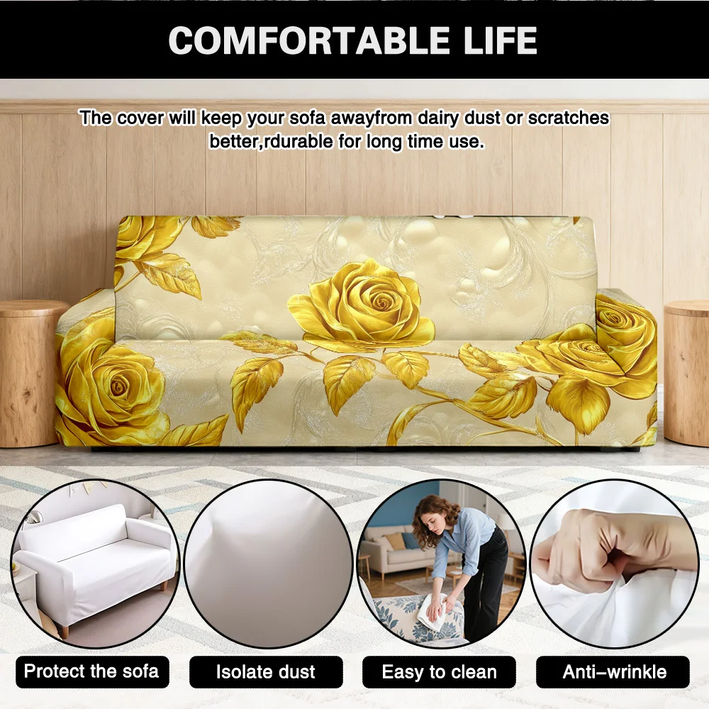 1pc Opulent Golden Rose Leaf Pattern Print Stretch Sofa Cover, Removable Washable Furniture Protector for Living Room
