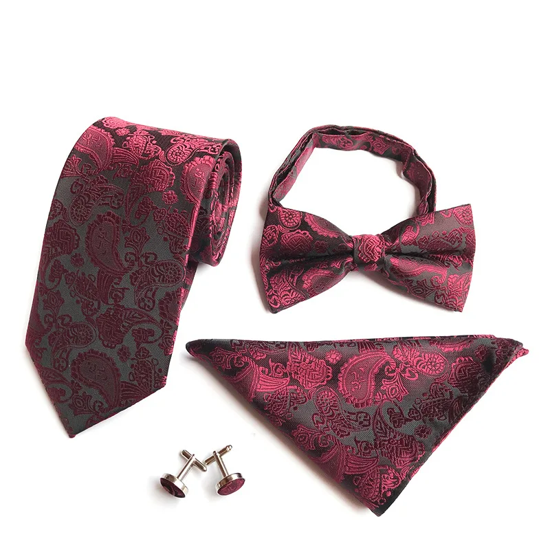 4 pezzi Set 8CM Paisley poliestere cravatta 12*6CM papillon 25*25CM tasca fazzoletto quadrato gemello per uomo Business Suit accessori