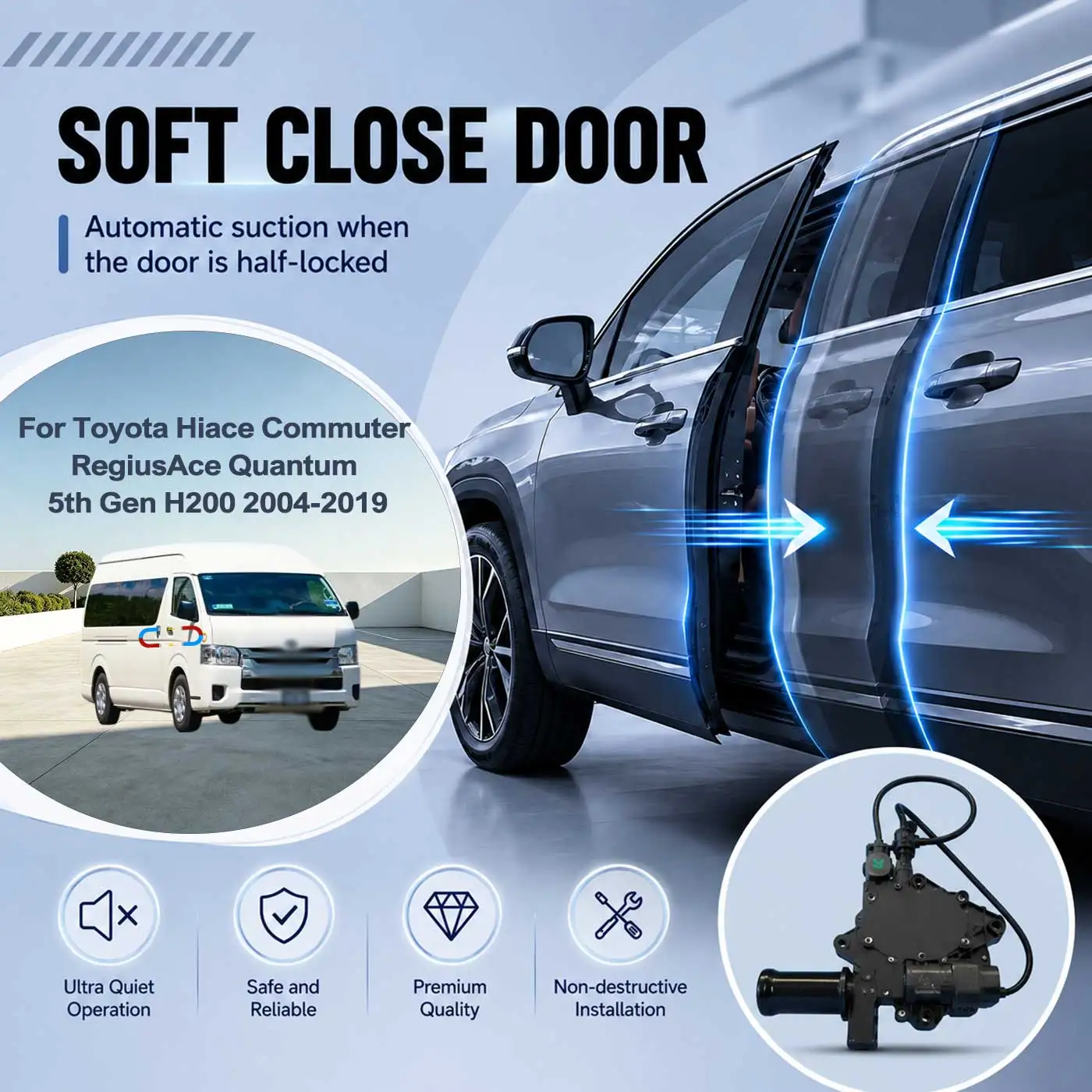 For Toyota Hiace Commuter RegiusAce Quantum 5th Electric Soft Close Door Auto Pull-In Suction Lock Intelligent Silent Closer Kit