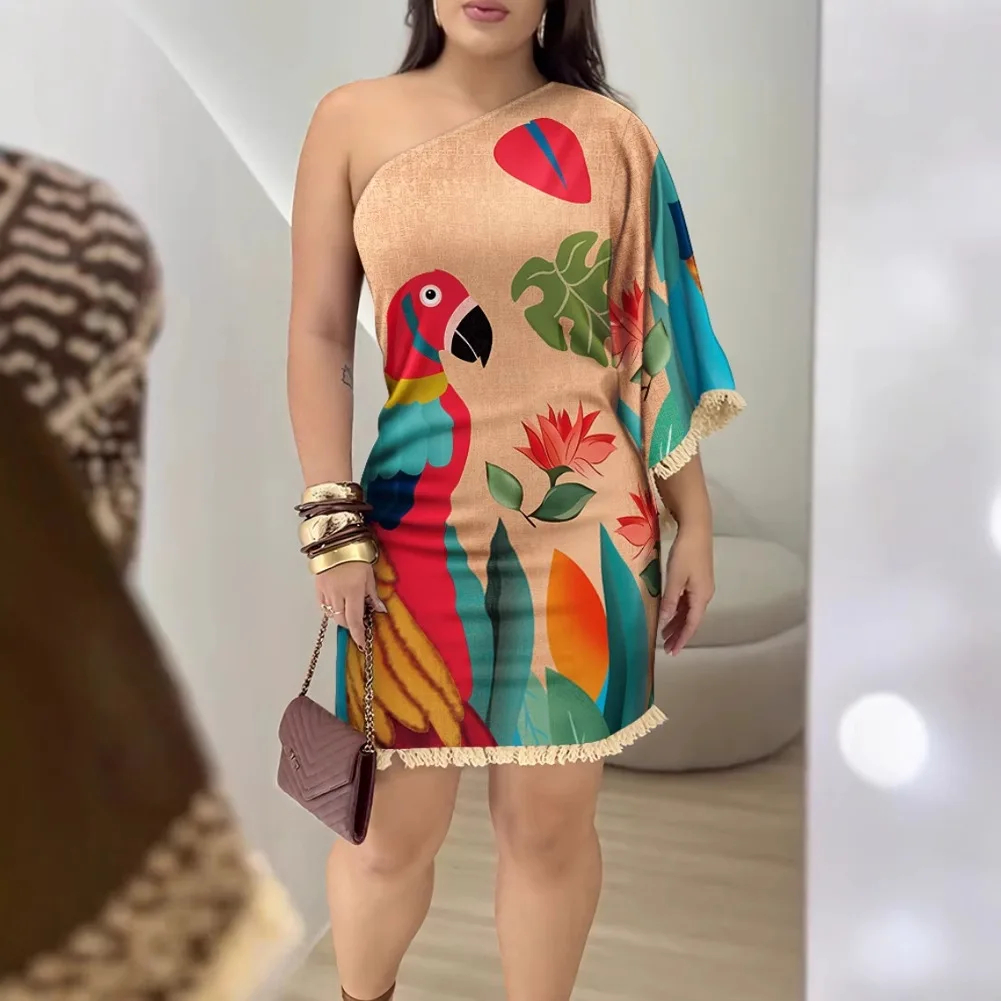

Fashion Tassel Patchwork Print Dress Women Summer Off Shoulder Sexy Mini Dresses For Women Boho Beach Holiday Slim Sundress