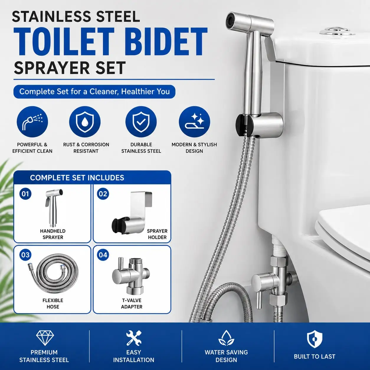1 Set Toilet Companion Kit, 304 Stainless Steel Bidet Sprayer, Anti-Explosion Shower Hose, Toilet Sprayer Nut Gasket