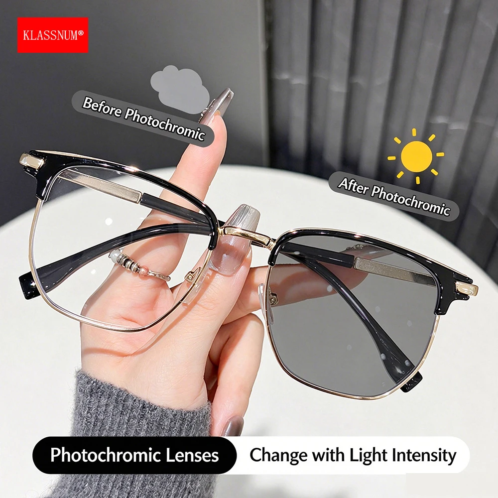 KLASSNUM Men Retro Browline Square Lens Metal Half Frame Transparent Glasses Anti Blue Light Glasses Photochromic Sunglasses