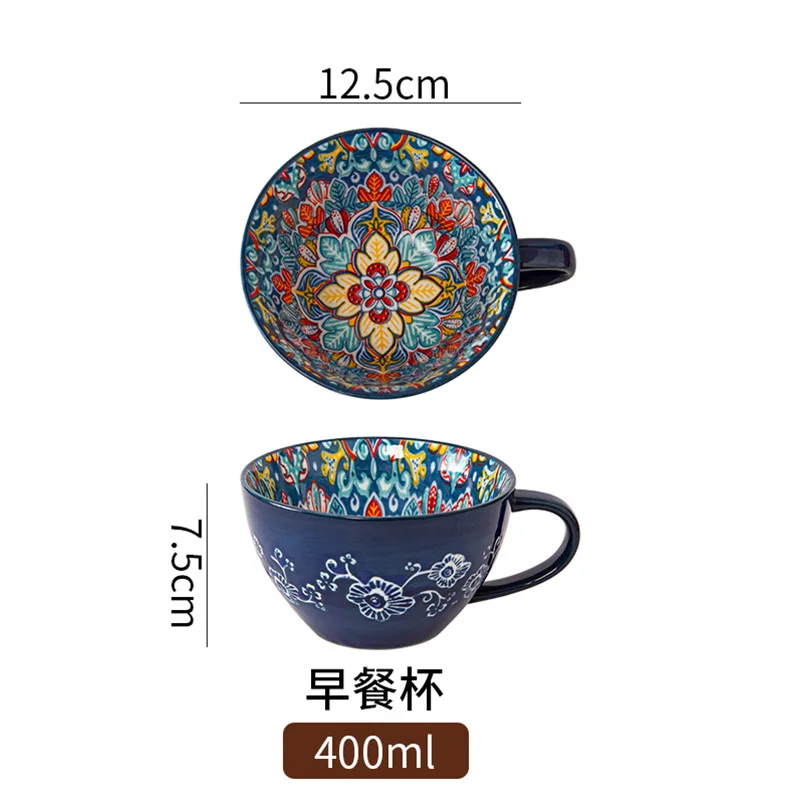 Große Boho-Keramik-Kaffeetasse mit Farbiger Handbemalter Oberfläche für Heimdekoration und Sammlerstücke