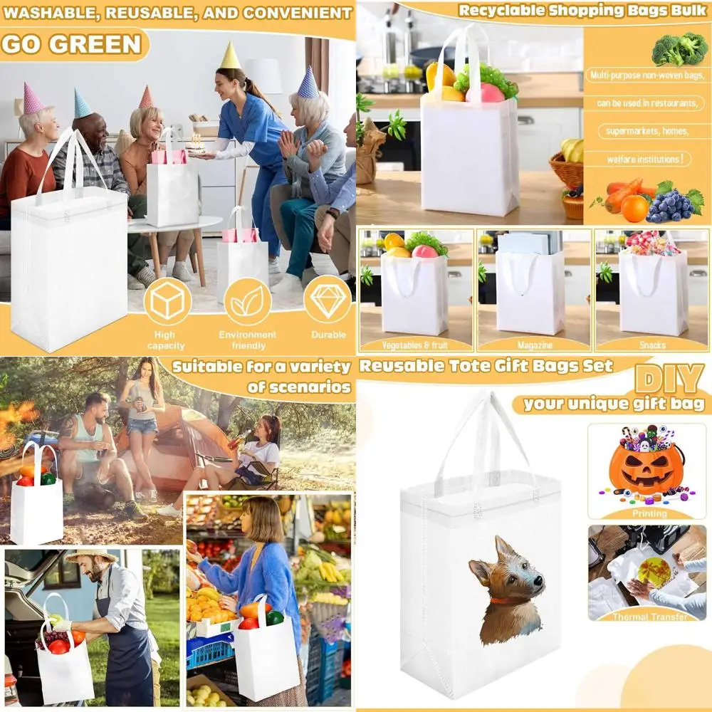 

Reusable Tote Bags Bulk, 300 Pack, 8x4x10 Inch, Non-Woven, White Grocery Shopping Bags with Handles