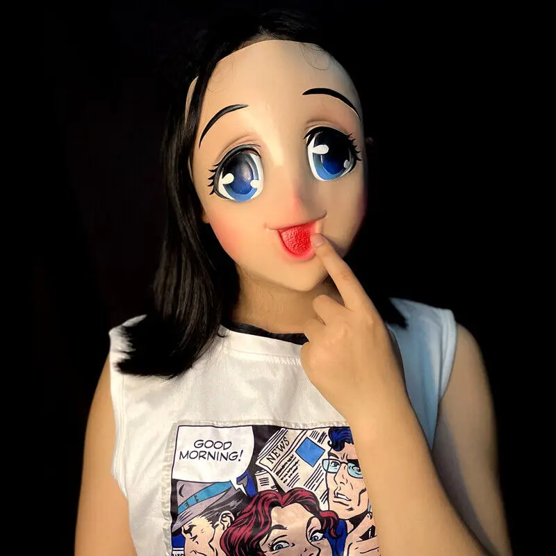 Sexy Cute Big Eyes Loli Latex Cartoon Doll Face Cosplay Mask, Female Manga Figure Comic for Girl, Silicone Props, Realistic Mask