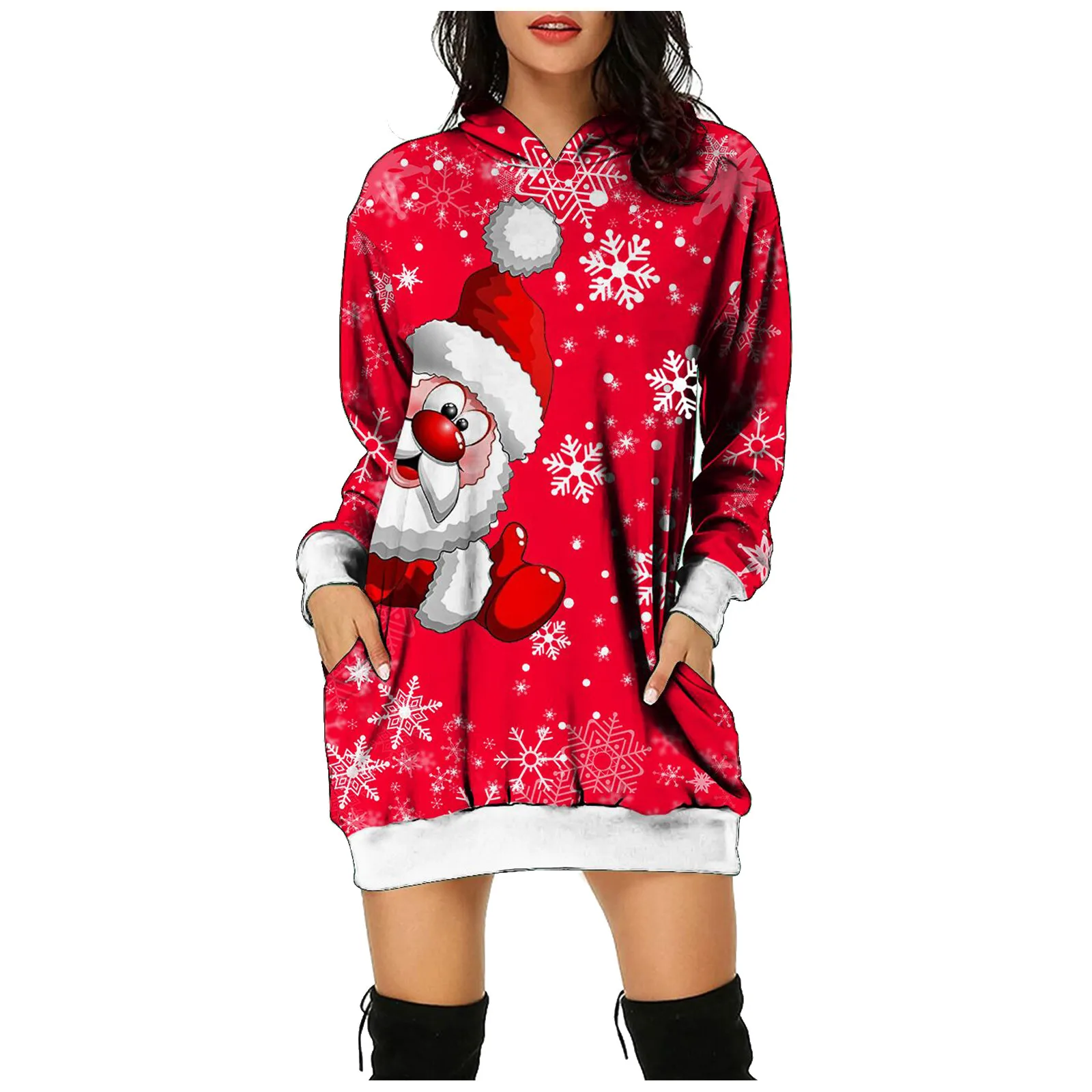 

Christmas Hooded Dress Women Autumn Red Santa Claus Print Long Sleeve Mini Dresses Female Winter Fashion Loose vestido feminino