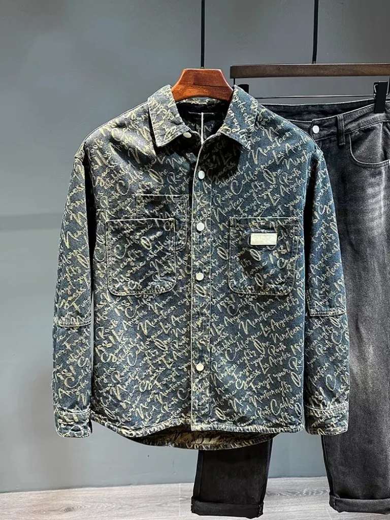 

Letter Jacquard Men's Denim Jacket American Casual Fashion Washed Splicing Shirt Spring Autumn Retro Male Long Sleeve Tops