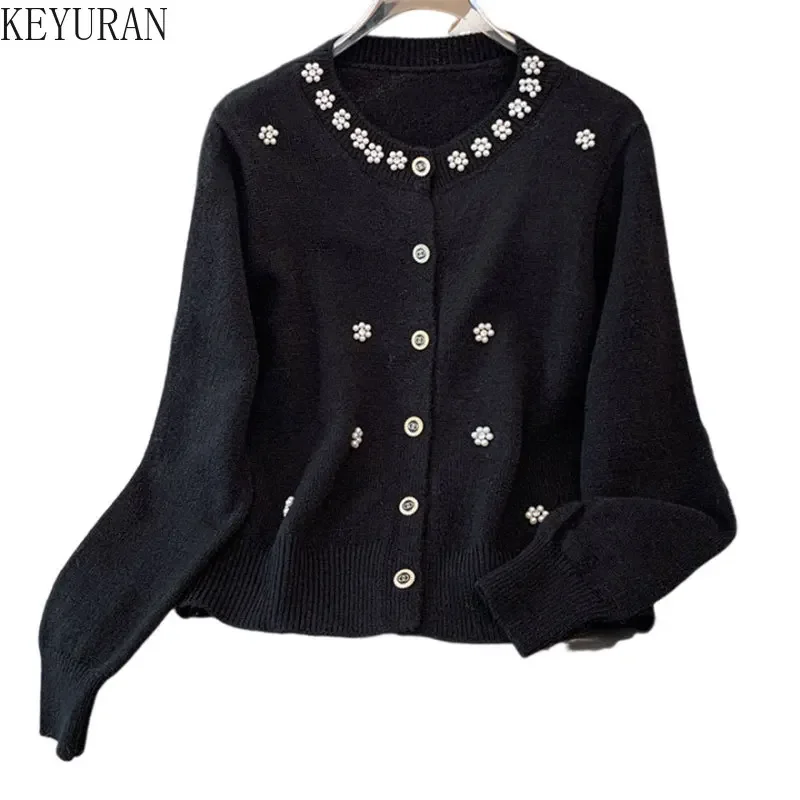 Pearl Beaded Knitted Cardigan Sweater Women 2024 Autumn Elegant Fashion Long Sleeve Single-breasted Knitwear Tops Ladies Jumpers