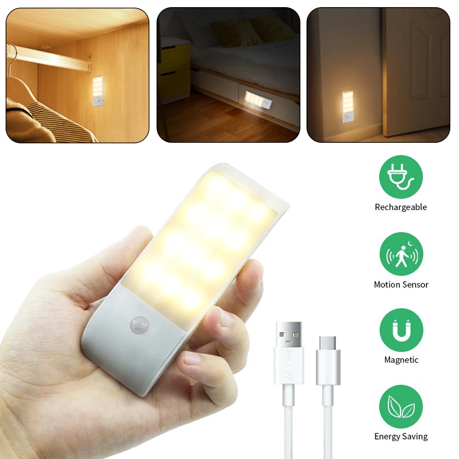 Motion Sensor LED Night Light Wireless USB Rechargeable Night Lamp For Kitchen Cabinet Wardrobe Lamp Staircase Closet Light