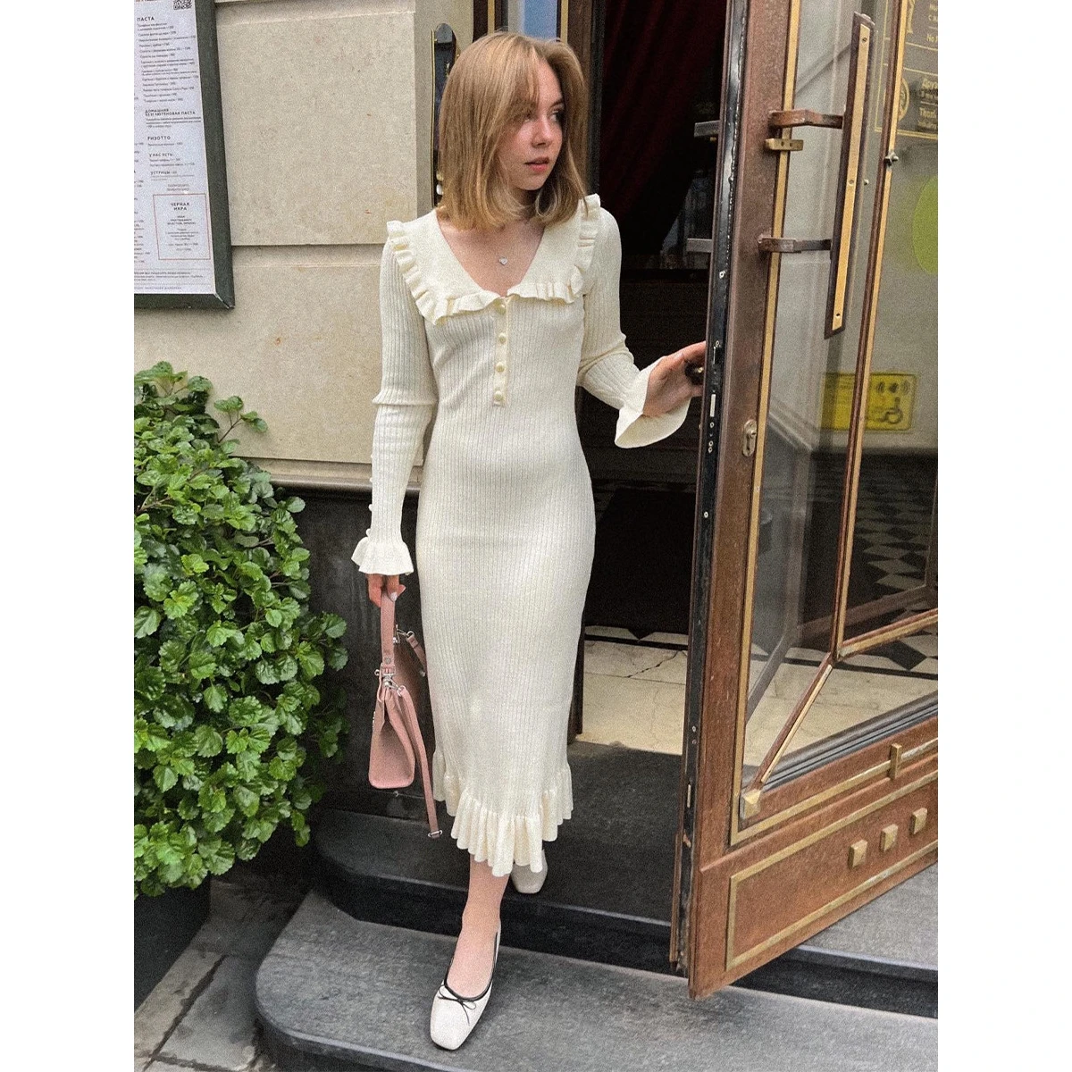 Retro Ladylike tejido Dr con ribete de encaje suéter falda transfronteriza Otoño Invierno nuevo Sle largo Sve One Step Dr