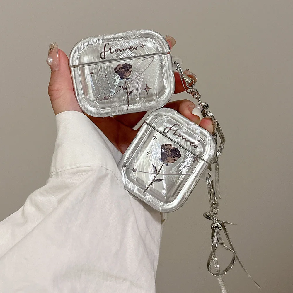 

Роскошный Гальванизированный серебряный розовый цветок перо для AirPods 4 1 2 3 Pro 2 Наушники противоударный чехол с металлическим бантом подвеска