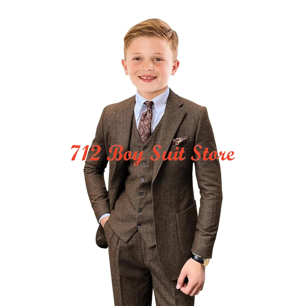 Terno de espinha de peixe para meninos, tweed, jaqueta slim fit, colete, calças, conjunto de 3 peças, festa de casamento, smoking formal, roupa