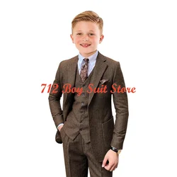 Terno de espinha de peixe para meninos, tweed, jaqueta slim fit, colete, calças, conjunto de 3 peças, festa de casamento, smoking formal, roupa infantil