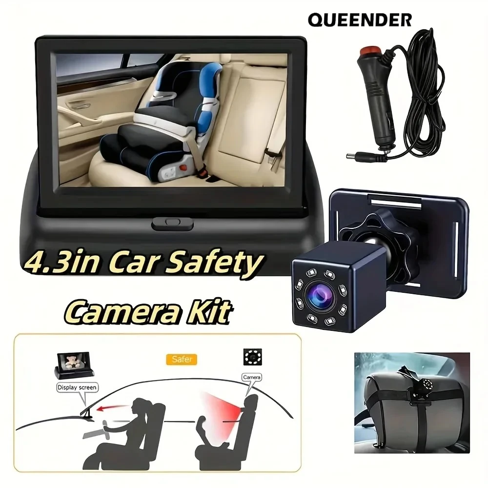 QueenDer 4.3" Kamera Keamanan Kursi Mobil Lipat - Monitor Cermin dengan Penglihatan Malam, Rotasi Belakang & Plug-and-Play