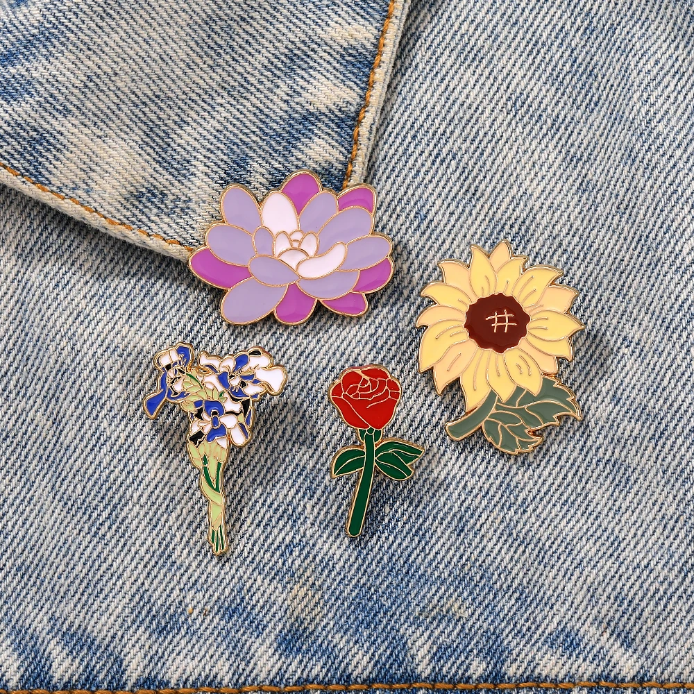 Women Girls Flowers Enamel Brooches Rose Lotus Sunflower Pins Van Gogh's Iris Badge