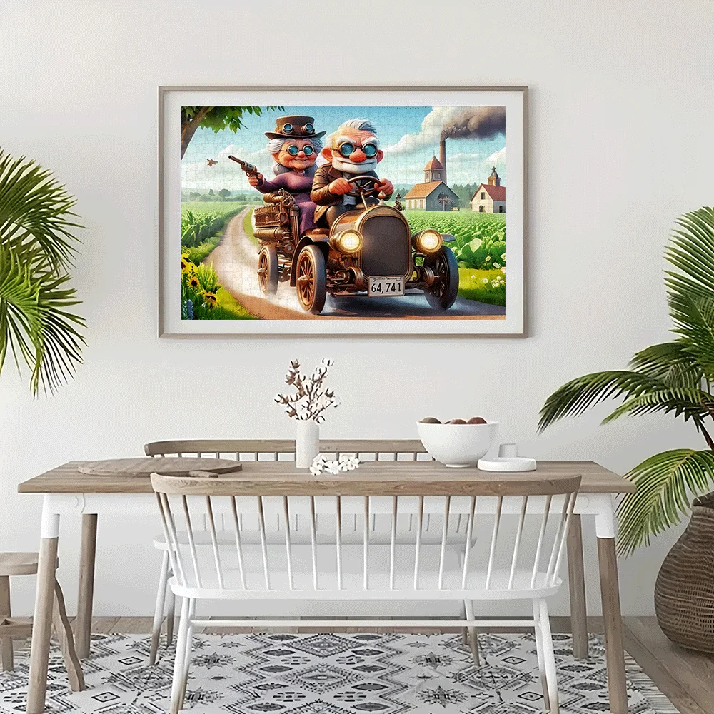 Puzzle vintage da 1000 pezzi: affascinante coppia di anziani in auto convertibile retrò, puzzle di grandi dimensioni per adulti e famiglie