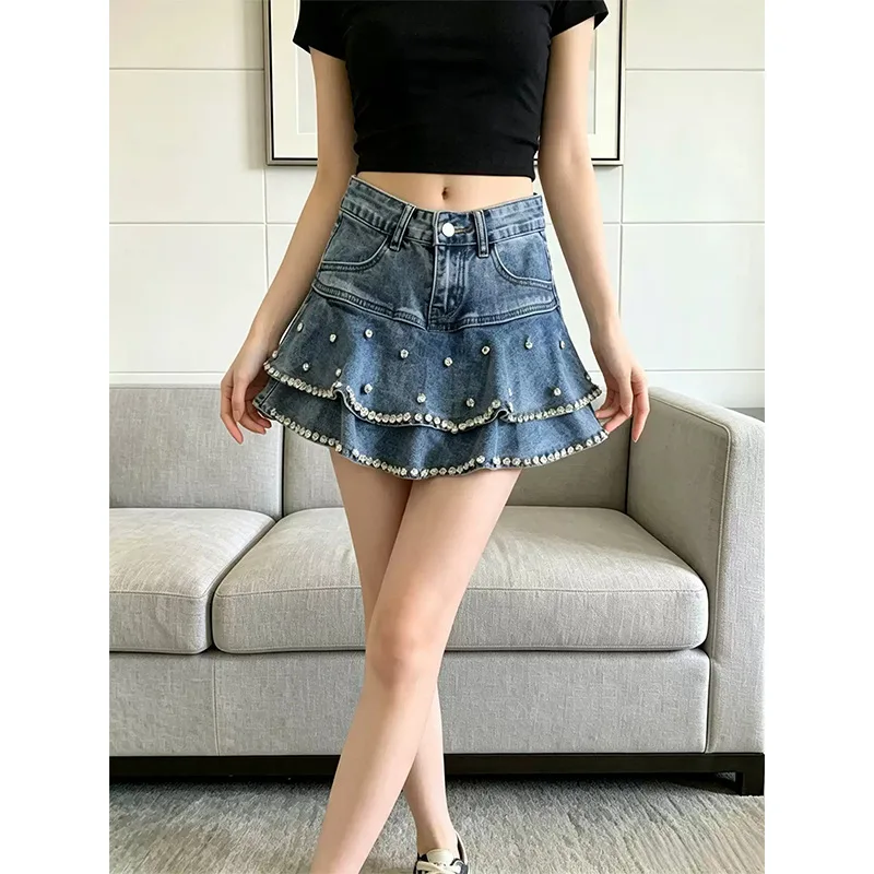 Women Rhinestone Ruffled Denim Mini Skirt High Waist A-line Layered Flared Blue Jean Short Skirt Vintage Fall Chic Street Bottom