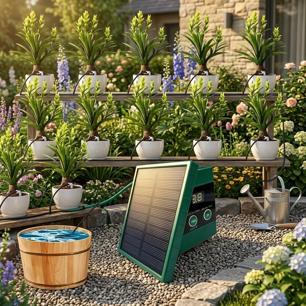 DIY Friendly Solar Automatic Drip Irrigation Kit Includes 10m Hose 10 Drippers Filter T Connectors and Full Instructions
