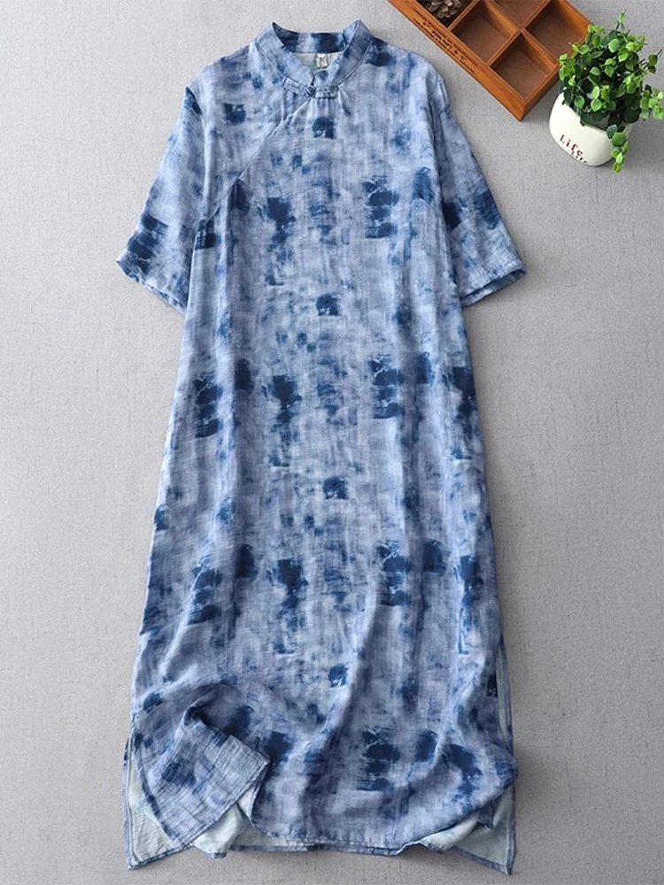 

Retro Tie-dye Print Women Dresses 2025 New Summer Chinese Style Slant Opening Cheongsam Buttons Stand Collar Midi Dress