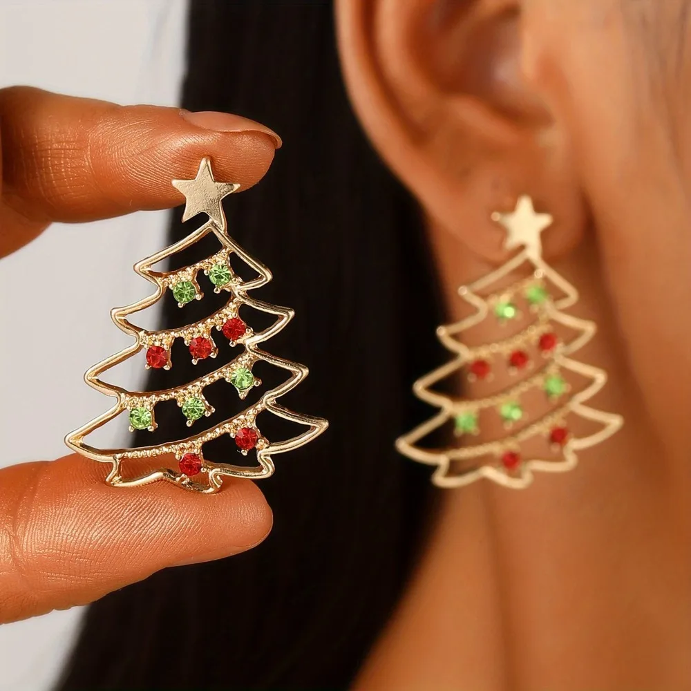 1 Pair of Elegant and Luxurious Christmas Tree Earrings with Colorful Rhinestones and Hollow Design, Featuring a Unique and Stylish Star Christmas Tree Pendant, Suitable for Wearing at Parties and Celebrations, a Fashionable Party Accessory