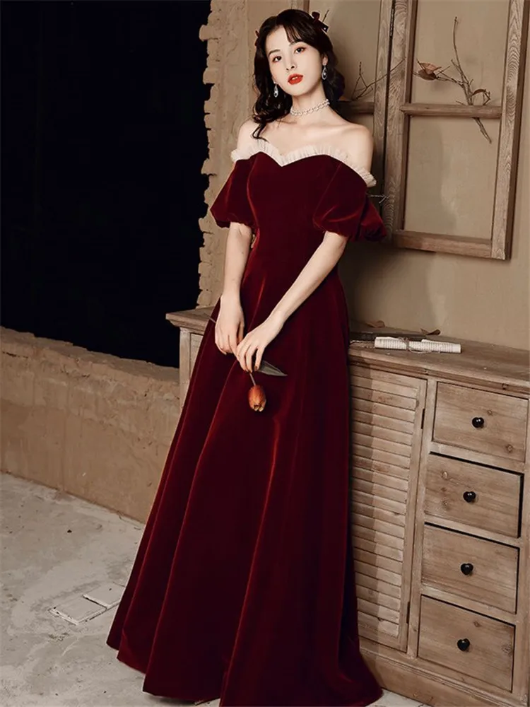 Wine Red Dress for Women Spring and Summer New Splicing V-neck Short Sleeve Long A-line Skirt Velvet Female Clothing M272