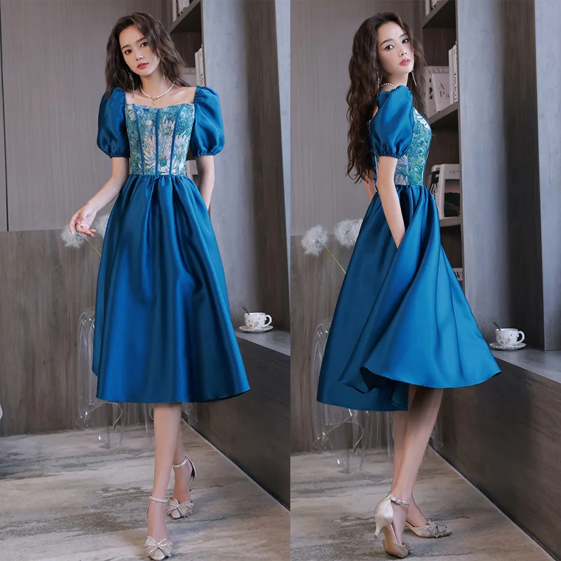 

It's Yiiya Square Collar Lace Up Short Sleeves Pleat Tea-Length A-Line Appliques Satin Blue Formal Dress Dress Woman Party A2827