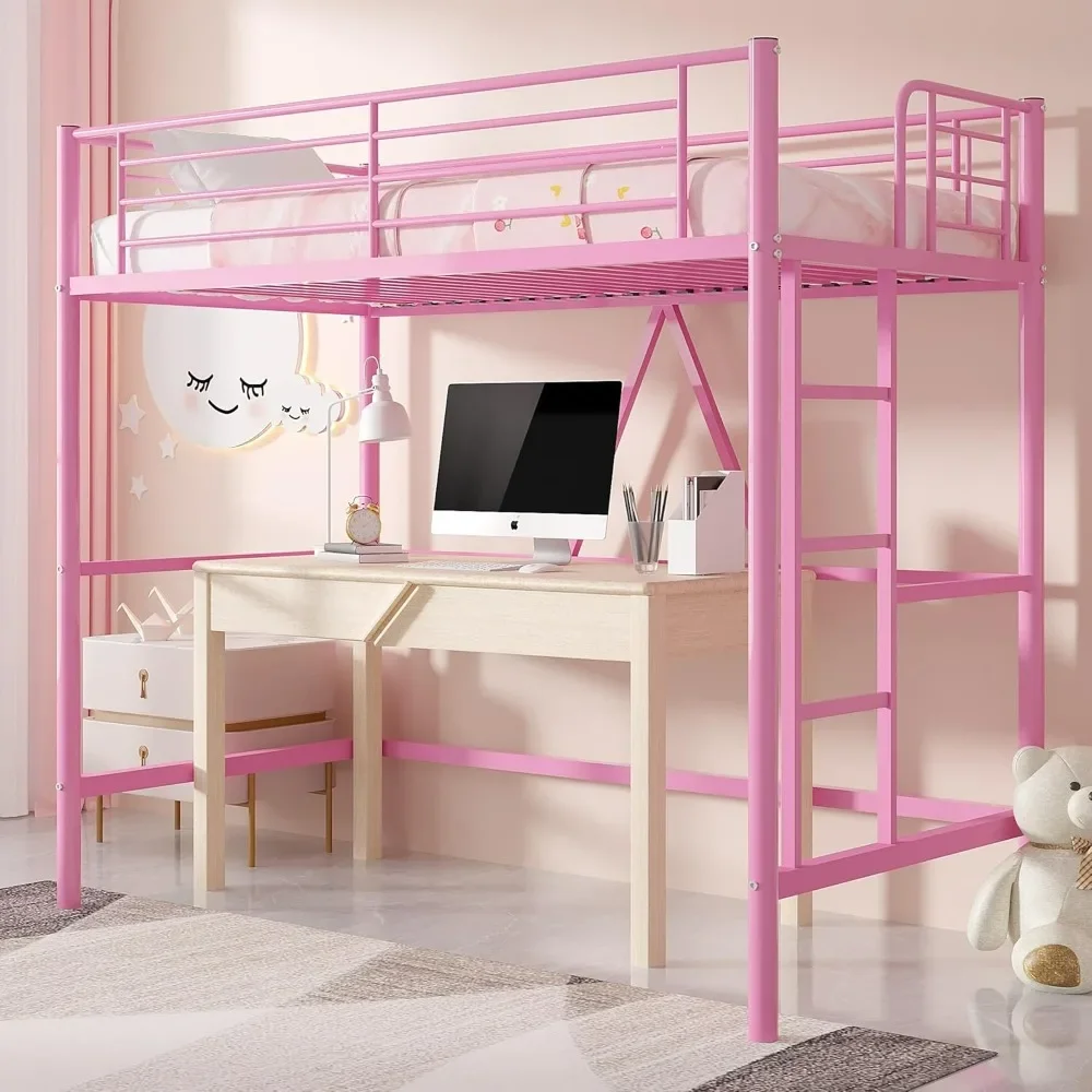 Metal Loft Bed Twin Size, Heavy Duty Bedframe with Removable Ladder and Safety Guardrail, Space-Saving, Noise Free, No Box