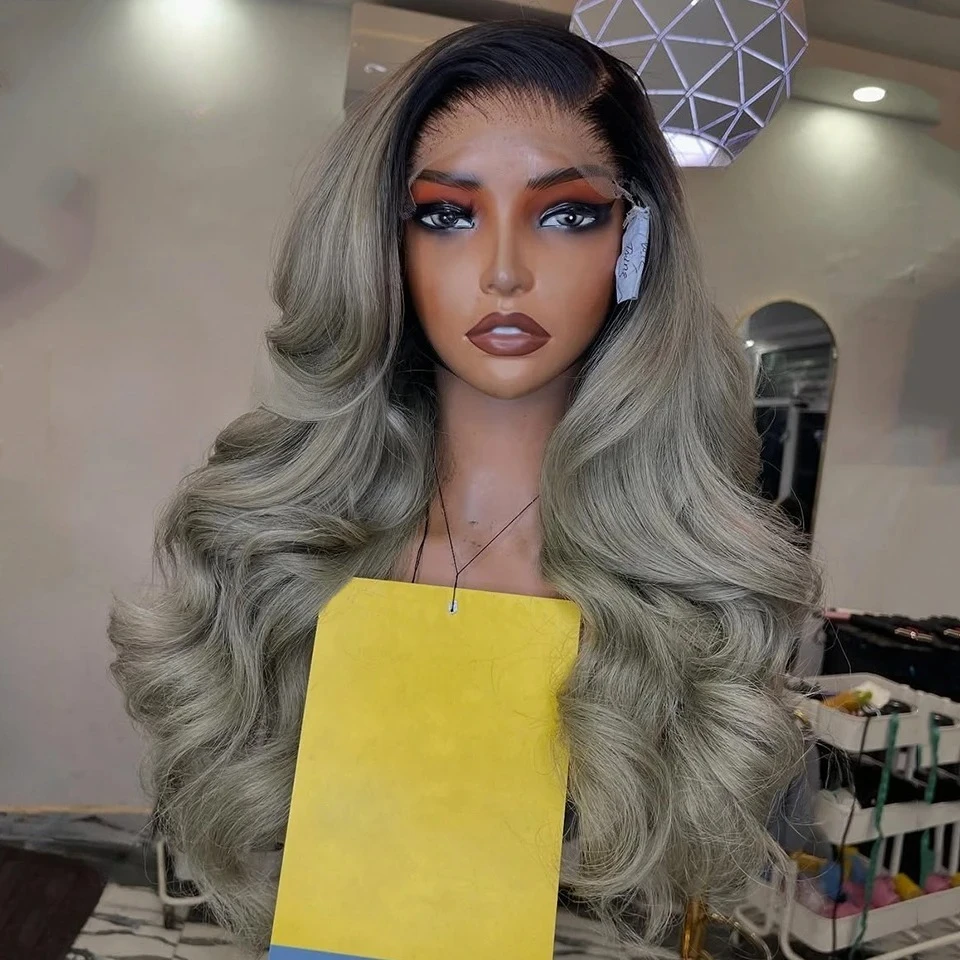 Ombre Silver Grey Body Wave Lace Front Wigs Heat Resistant 13x4 HD Lace Wig Synthetic And Blend Dark Roots On Clearance Cosplay