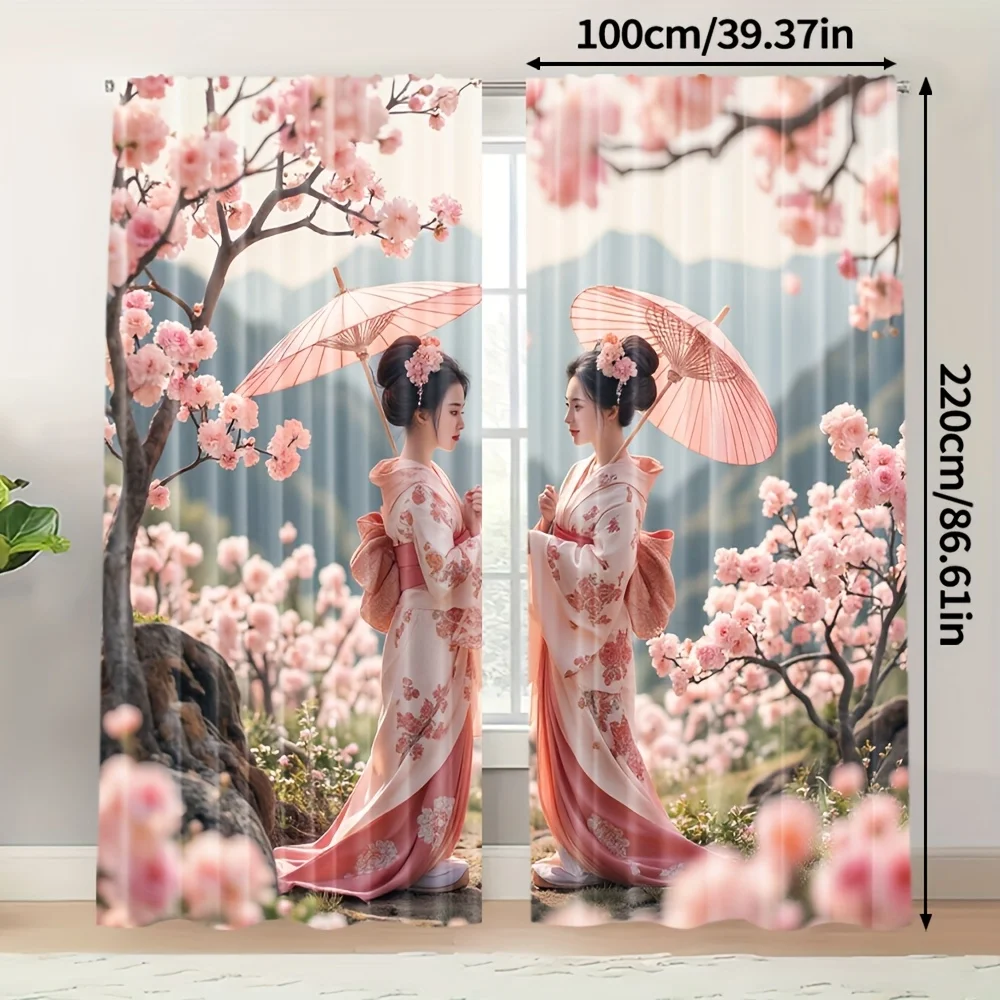 2pcs Kimono Girl Curtains Cherry Blossom Print Polyester Window Drapes for Living Room Bedroom Japanese Style Home Decor