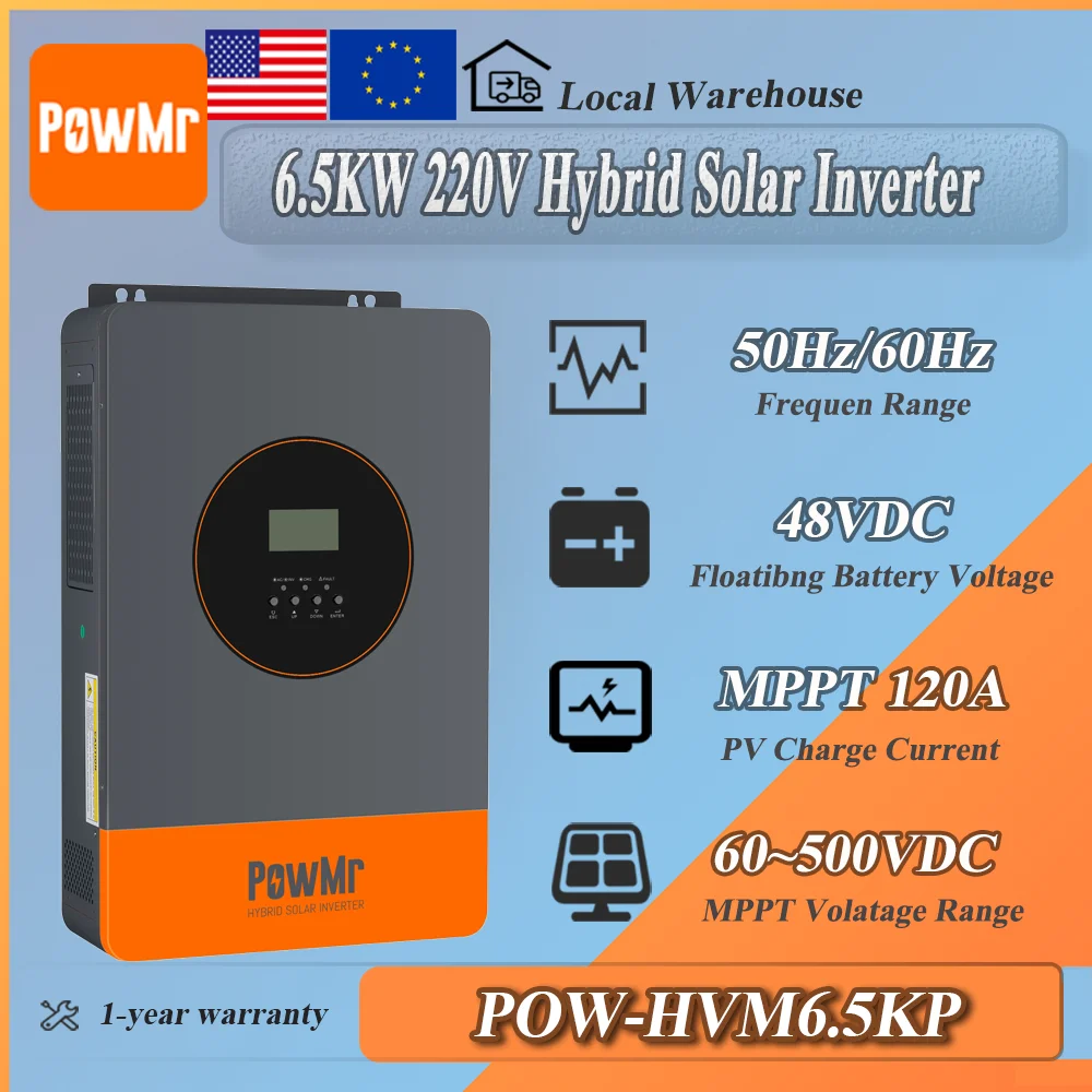 PowMr 220V 6.5KW Hybrid Solar Inverter MPPT 120A Charger Controller Support 48V Battery or Work Without Battery Up to 9 Unit Parallel