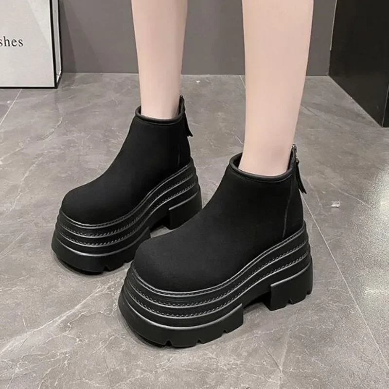 Suede Leather Ankle Snow Boots Women Winter Warm Fur Sneakers Thick Sole Short Boot 10CM High Platform Chunky Shoes Botas Mujer