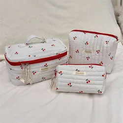 Fashion Women Quilted Cotton Cosmetic Storage Bag Cherry Travel Makeup Storage Organizer Pouch Girls Pencil Case Tote Handbags