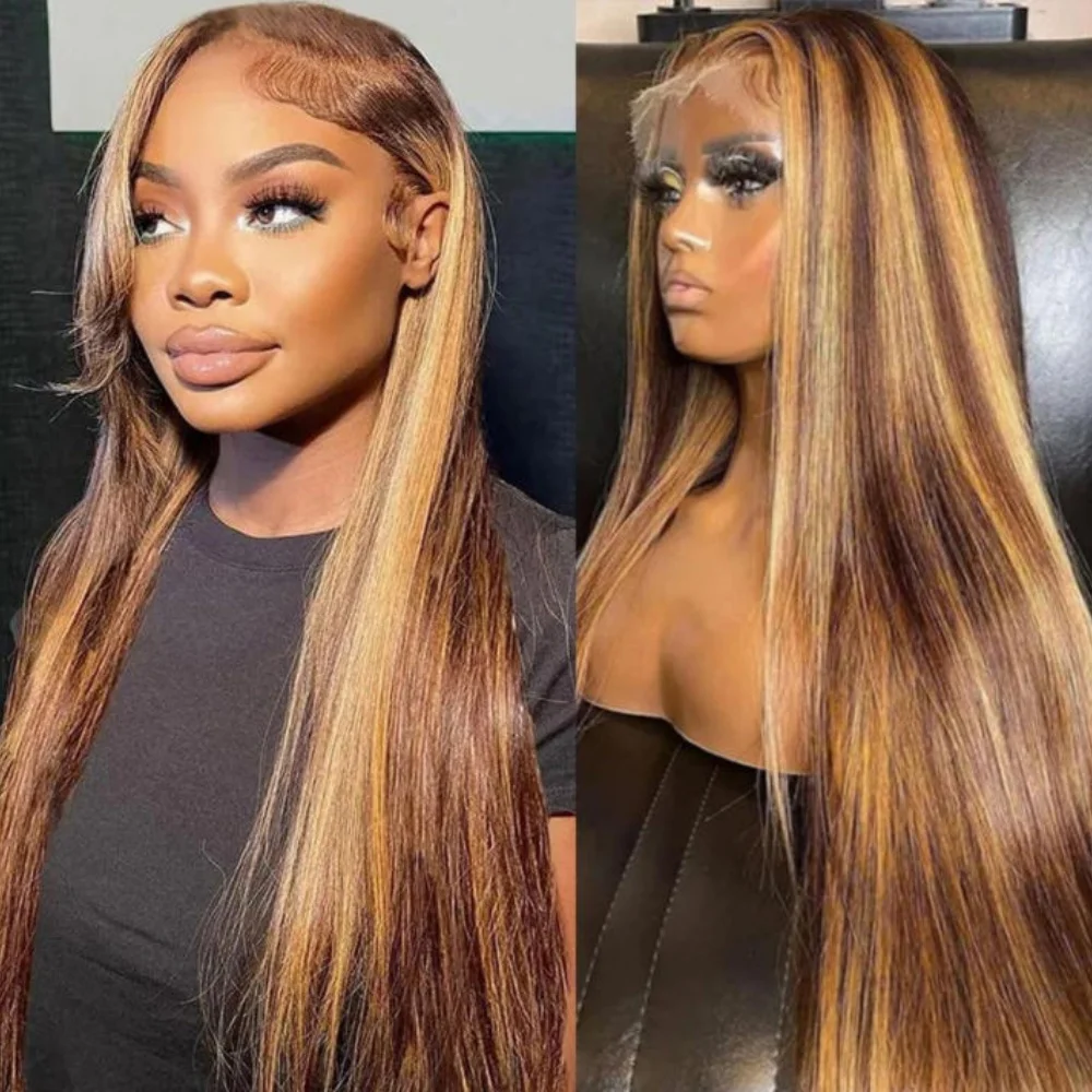 34 Inch P4 27 Highlight Silky Straight Human Hair Wig 250 Density 13x4 HD Transparent Lace Front Wig Glueless Pre Plucked Bleached Knots Lace Wigs For Black Women