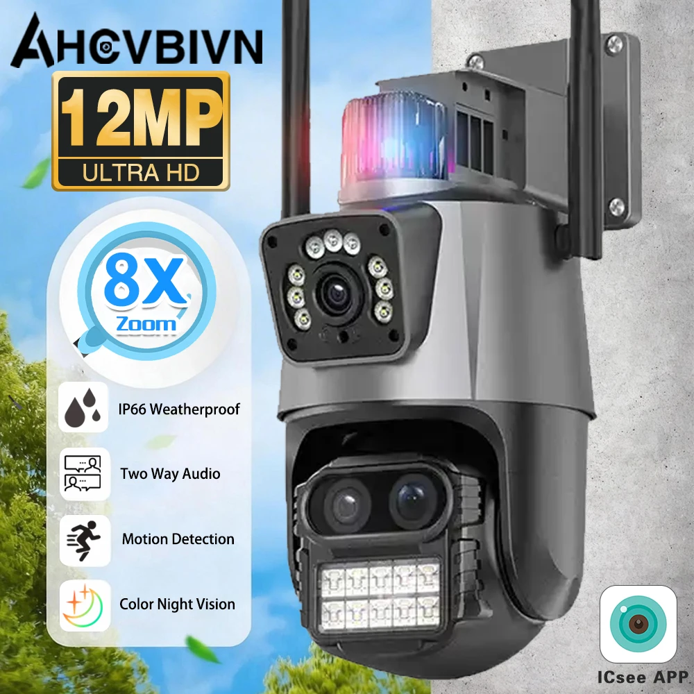 

IP-камера ICSEE APP 12MP 6K PTZ с 8-кратным зумом, тремя объективами, автоматическим отслеживанием людей, для умного дома, уличная Wi-Fi камера видеонаблюдения