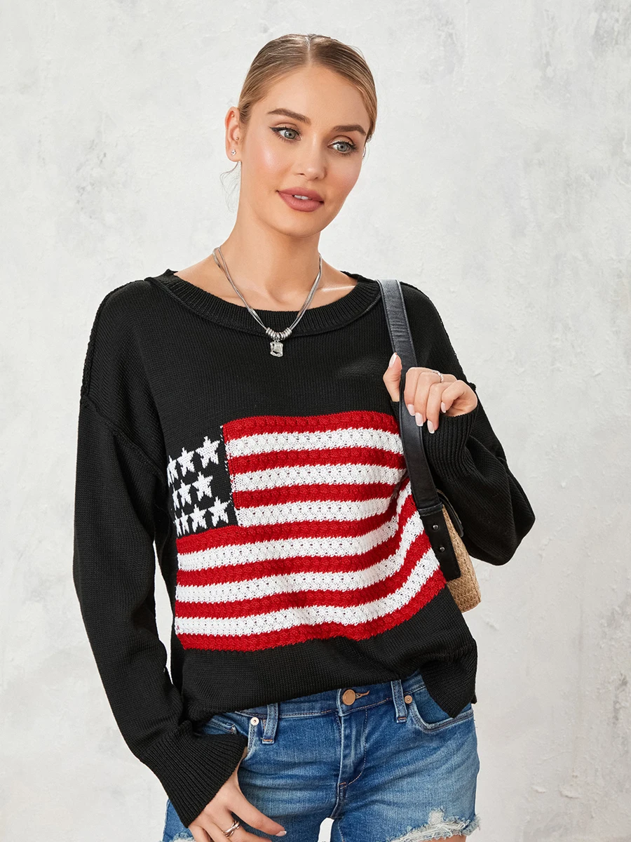 Women American Flag Sweater Vintage Crewneck Jumper Top 4th of July USA Knit Pullover Sweatshirt Beach