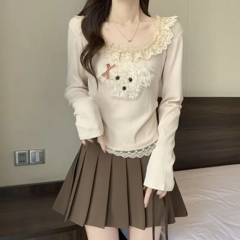 Korean Fashion Sweet Sexy Lace Edge Cute Puppy Knitted Long Sleeved T-shirt Women Autumn Winter Y2k Kawaii Women Pullovers Top