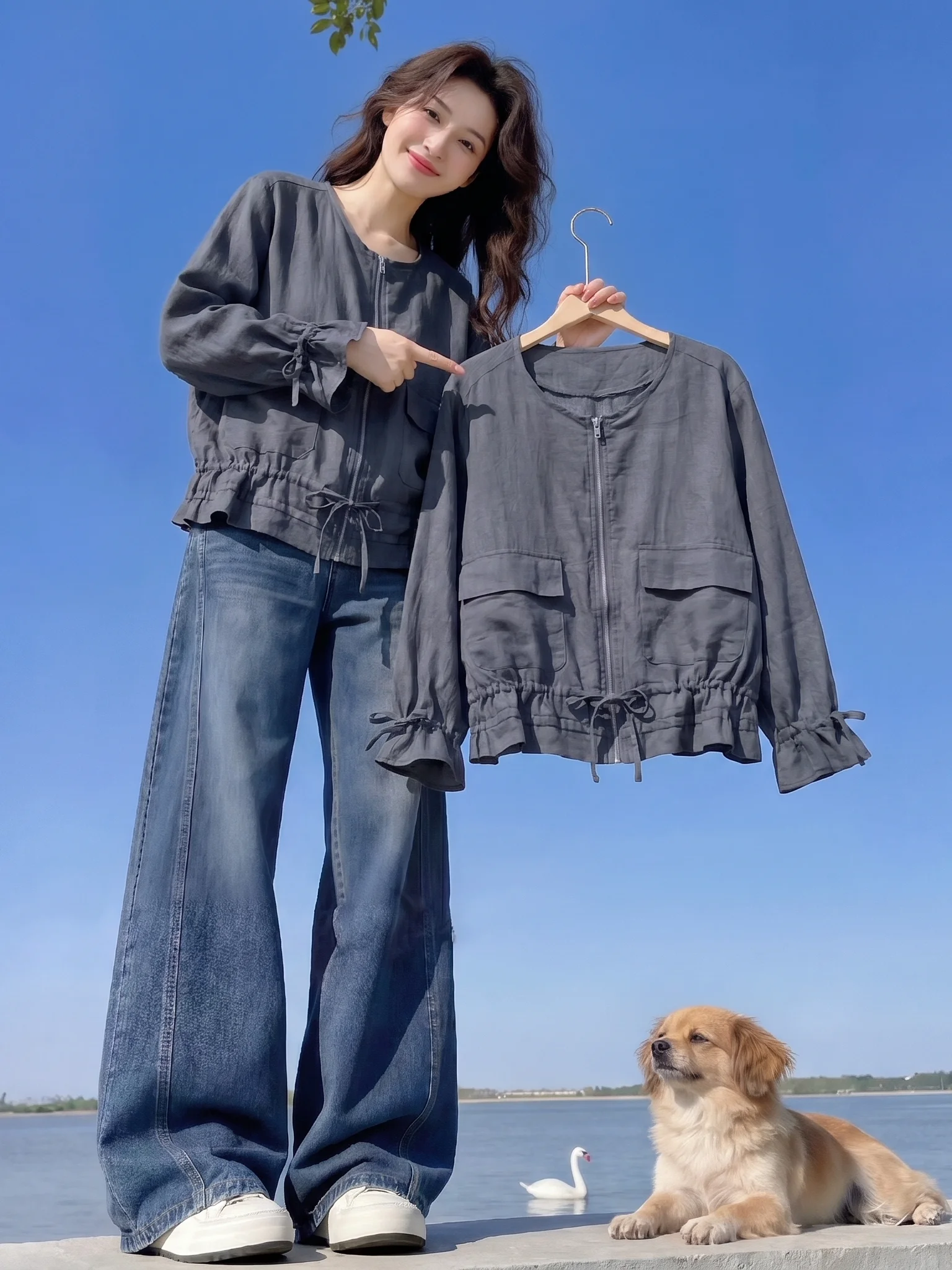 

Casual Summer Outerwear High Waist Drawstring Loose Versatile Sun Protection Open Cardigan Small Size Women's Fashion