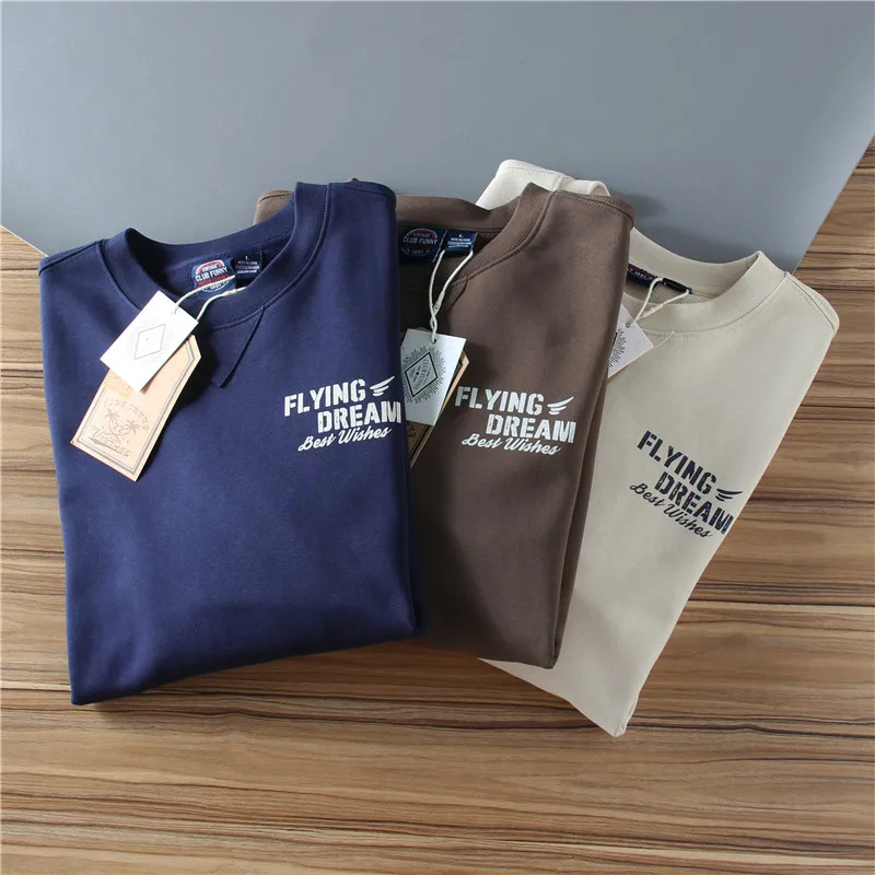 

2025 Autumn New American Retro Long Sleeve O-neck Letter Printed Sweatshirts Men's Amekaji Terry Cloth Pullover Casual Sportwear