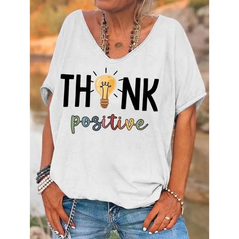 ilstile Women's Think Positive Print T-Shirts Summer Short Sleeve T Shirt Casual Loose V Neck Tops Tees New Arrival