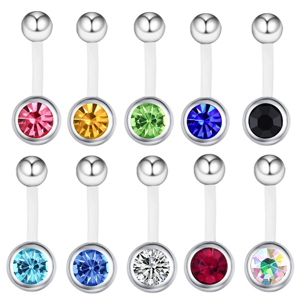 14g Crystal Belly Button Curved Barbell Navel Ring Acrylic Soft 8/10/12/14/16/38mm Bar Steel 5mm 8mm Ball Piercing