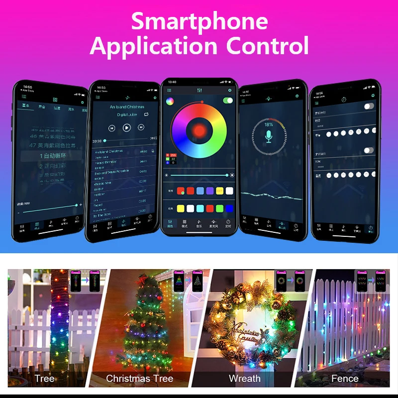 Smart Colorido Symphony LED RGB Luz String, DIY Bluetooth, USB, Point Control, Natal Decoração Atmosfera, App