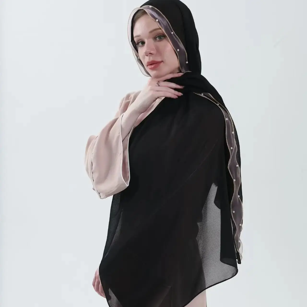 

Hot Selling Pearl Beads Hijab Scarf For Women Muslim Premium Chiffon Long Shawls Plain Color Headscarf Head Wraps