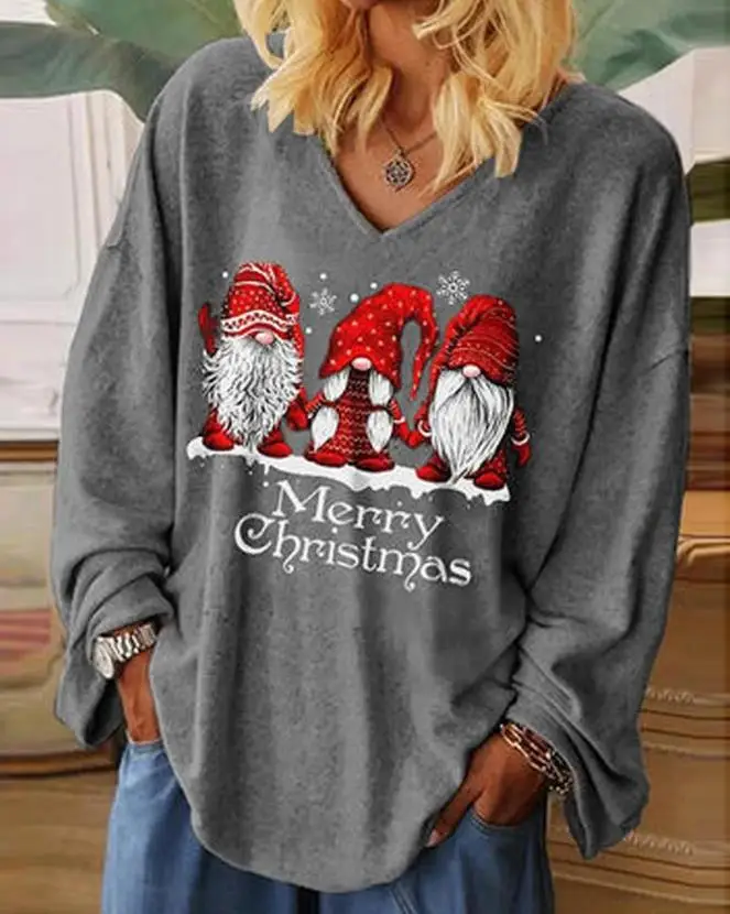 

Plus Size Christmas Merry Dwarf Print Casual Top New Fashion 2023 Hot Selling Women's Loose Fit